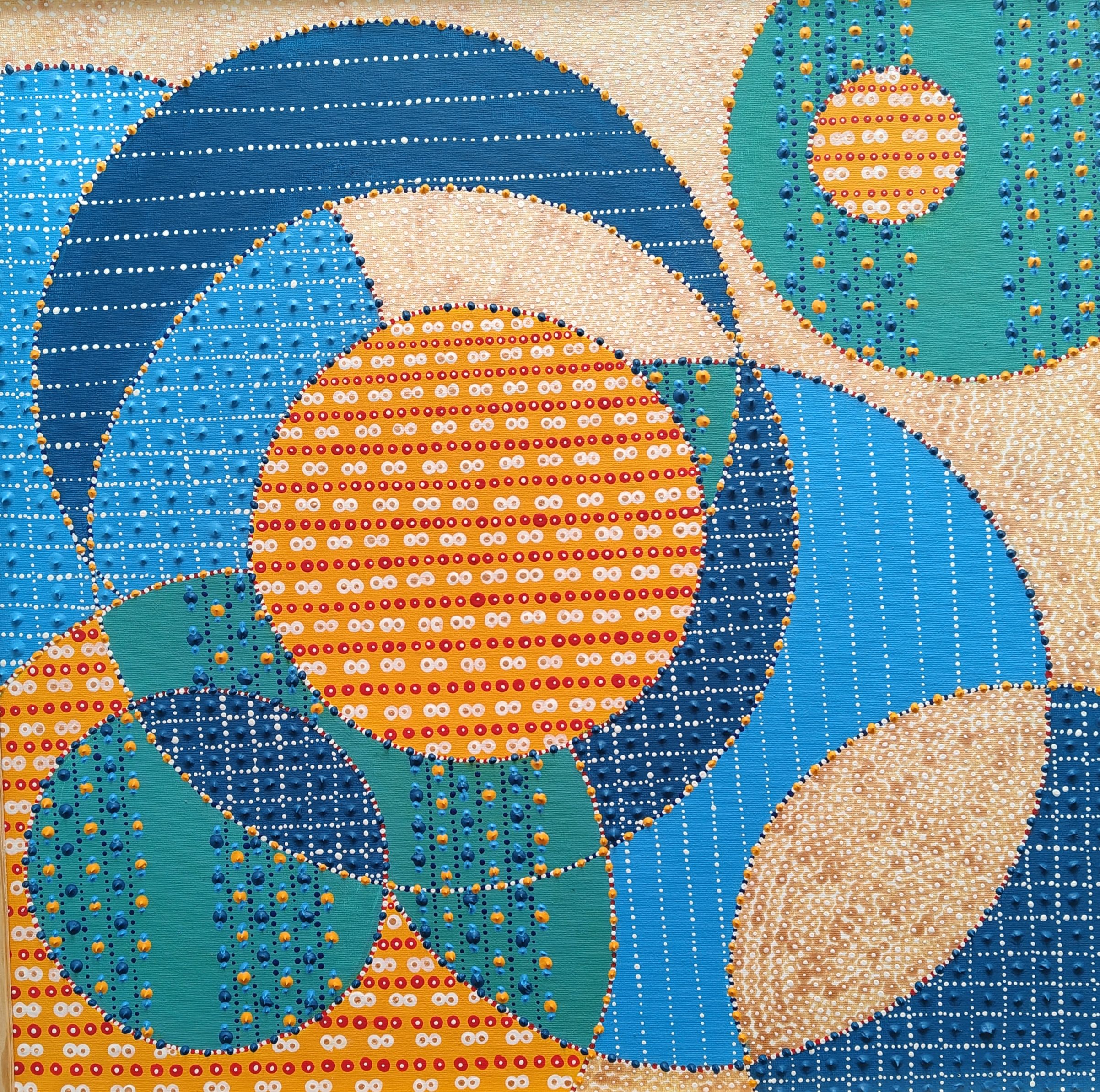 ECHA GEOMETRI – obraz w technice pointylizmu, 50 × 50 cm, Iwona Markiewicz