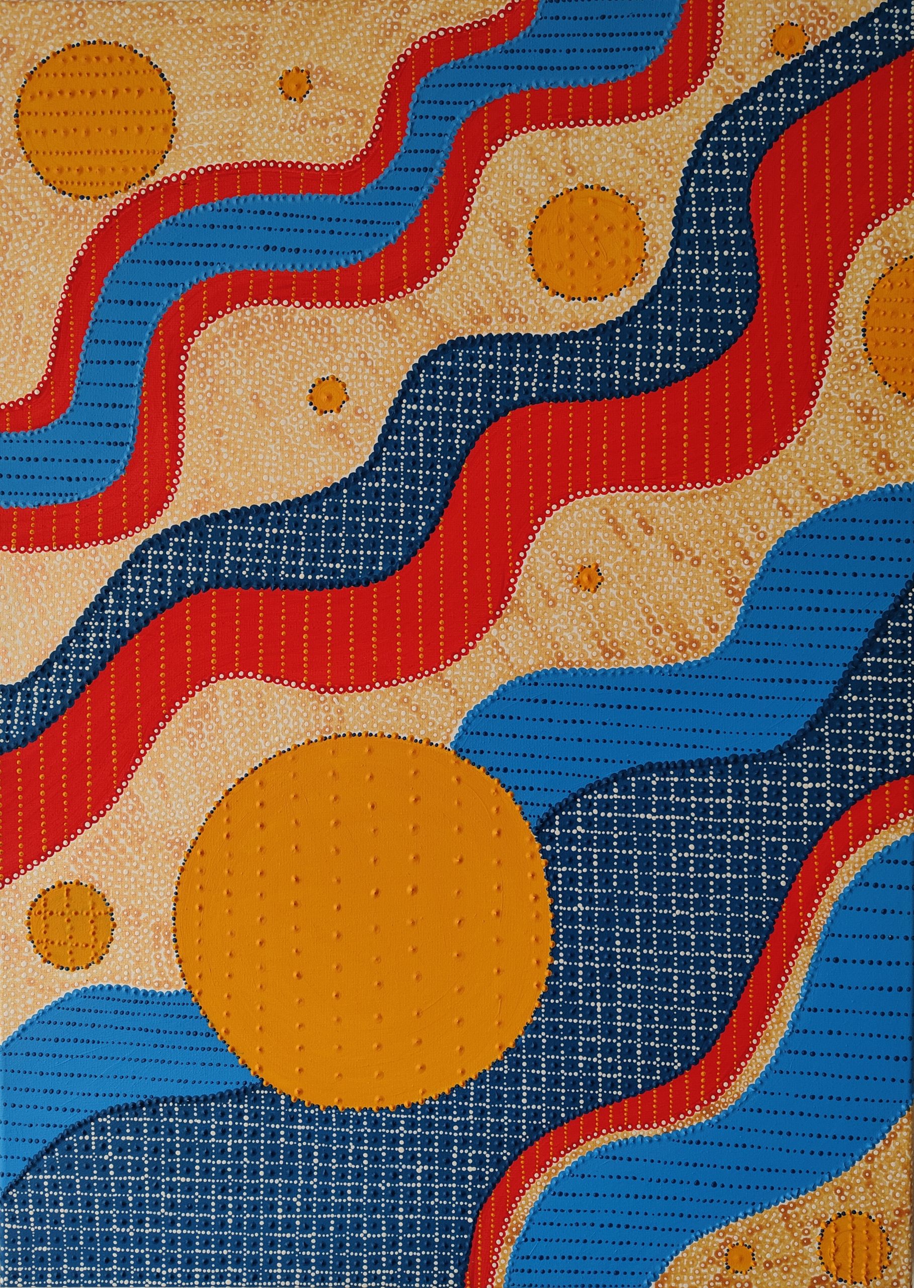 ENERGIA PRZESTRZENI – obraz w technice pointylizmu, 50 × 70 cm, Iwona Markiewicz